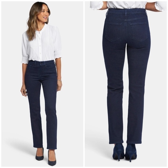 NYDJ High Rise Straight Jeans Rinse Dark Wash Lift Tuck Sz 8 - Picture 1 of 13